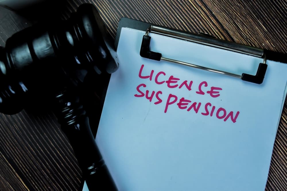 License Suspension write on paperwork with gavel isolated on Wooden Table.