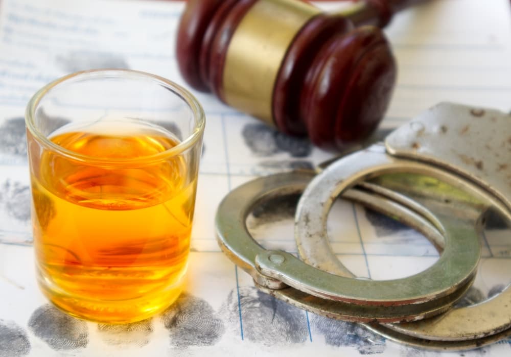 Alcohol and crime relation concept.Glass of whiskey and police handcuff on fingerprint crime page file.- DUI Penalty