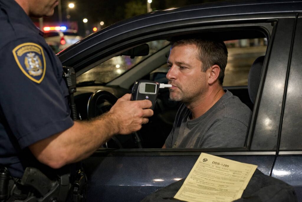 Driver blowing into a breathalyzer during a nighttime DUI traffic stop while police officer holds device, with DDS-1205 form visible on car door
